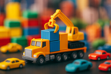 Yellow heavy industrial toy construction trucks and tractors on the road, street, and roof