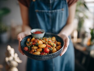 Woman in apron holding a bowl of homemade gnocchi with tomato sauce, garnished with herbs, showcasing comfort food and culinary passion