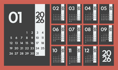 2026 year monthly office planner, 12 month calendar starts monday, web page design element template, mobile app mockup, two red weekends, dark background