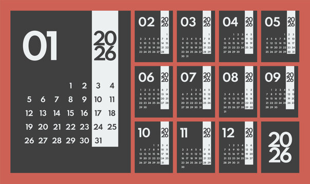 2026 year monthly office planner, 12 month calendar starts monday, web page design element template, mobile app mockup, two red weekends, dark background