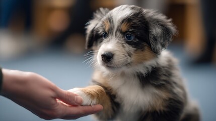 A merle Australian Shepherd puppy interacts with a hand by giving its paw, showcasing playful and friendly behavior.