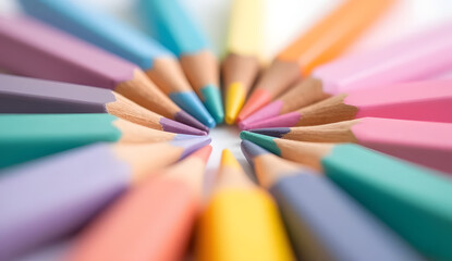 Fototapeta premium Macro of pastel gradient pencil tips arranged in a perfect circle, colorful art supplies close-up, creative stationery design, vibrant school tools