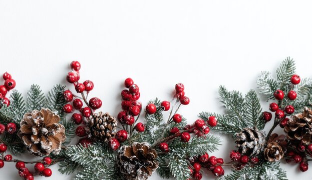Festive winter greenery border, red berries, pine cones, white background, holiday card design