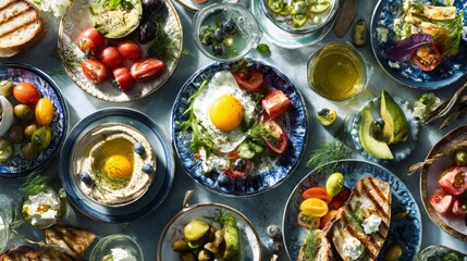 A table full of food with a blue and white patterned tablecloth