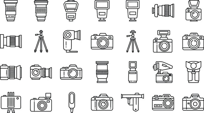 Collection of camera equipment icons, representing various photography tools and accessories for professional and amateur photographers alike