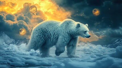 A majestic polar bear traverses a surreal, cloudy landscape illuminated by glowing celestial bodies in a captivating, dreamlike scene.