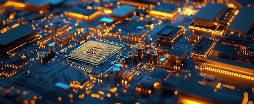 Technology background with 24k gold CPU and motherboard chipset components. 3D illustration render