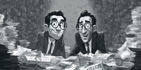 Two cartoon businessmen in suits are surrounded by piles of money and documents, smiling enthusiastically in grayscale illustration. scene conveys sense of success and financial achievement