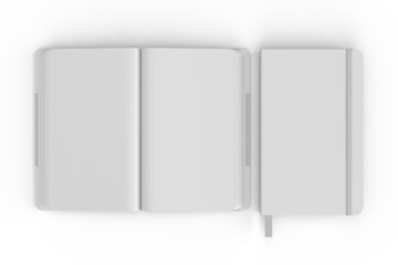 3D realistic of hardcover notebooks with elastic bands and ribbon bookmarks isolated. Blank mockup template for a publication design, branding, diary, journal, booklet and creative projects.