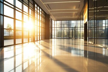 Bright modern hallway with large glass windows and sunlight casting long shadows across polished floor