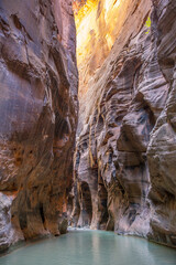 The Narrows, Zion Canyon with flowing Virgin River.