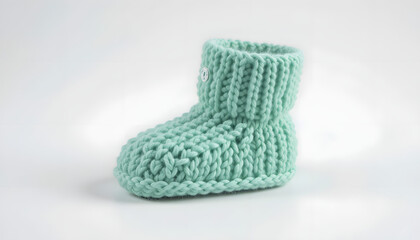 Zoomed handmade chunky-knit baby bootie in mint green, cozy soft knit infant shoe, delicate chunky yarn baby footwear, white background
