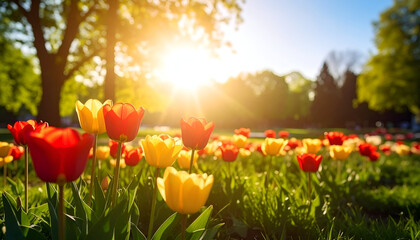 Sunny Spring Tulips in Park.