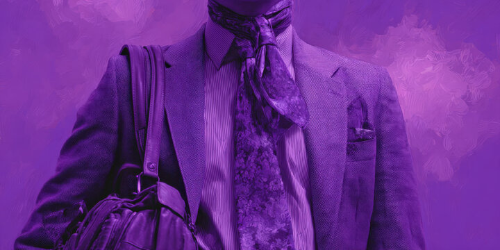 Person in stylish suit with patterned tie and scarf, holding leather bag, is set against vibrant purple background, exuding sense of elegance and sophistication