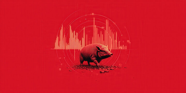 Pig stands on scattered coins against red background, with financial graphs and data visualizations in backdrop, symbolizing economic analysis and market trends