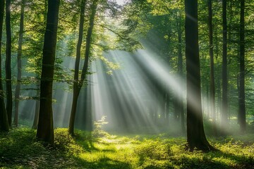 Obraz premium Sunlight streaming through lush green forest creating serene and magical atmosphere