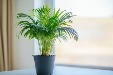 Green potted palm plant placed indoors near bright window