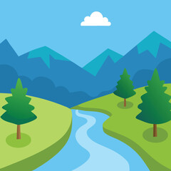 Obraz premium Serene vector landscape with a flowing river and lush trees
