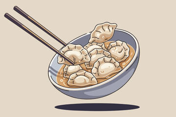 Vector illustration of Bowl of Dumplings with Chopstick