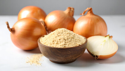 Onion powder with bulbs, and kitchen table.