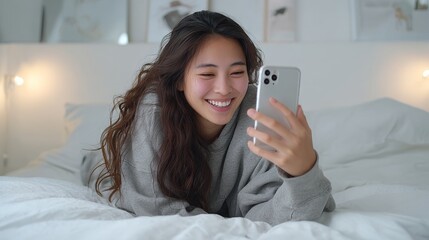 A young woman lies on a bed, using a smartphone to engage with social media content, appearing happy and relaxed in a cozy indoor setting.