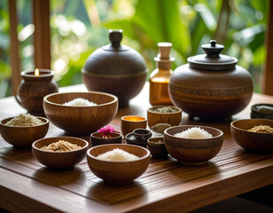 Spa Salts  Herbs on Wooden Table.