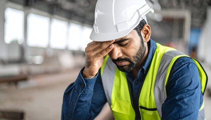 Tired construction worker with indoor site.