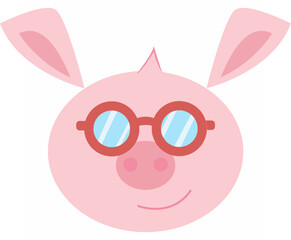 Minimalist vector illustration of a pig’s face wearing red glasses with blue lenses, playful flat design on white background.