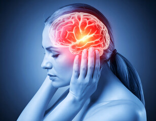 Woman suffering from headache with brain scan.