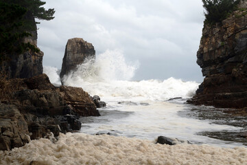 Powerful Ocean Waves Crashing Against Rocky Cliffs in Korea Coastline
