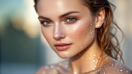 Female kayaker in alpine region enjoys serene beauty of nature while paddling through crystal clear waters, surrounded by majestic mountains