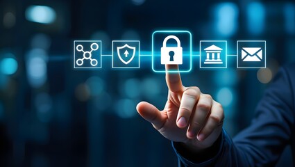 Cybersecurity and privacy concepts to protect data. Lock icon and internet network security technology. Businessman protecting personal data on smartphone, virtual screen interfaces. Cybersecurity.