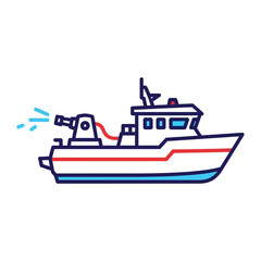 Obraz premium A sleek fireboat icon, designed with clean lines, actively spraying water from its powerful cannon, symbolizing maritime emergency response and rescue.