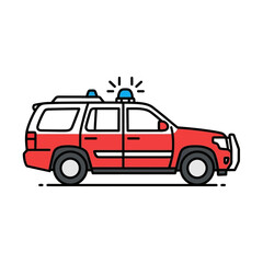 A brightly colored red emergency response vehicle, featuring prominent blue lights on its roof, is depicted in a crisp, minimalist line art style.