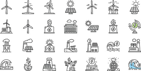 Collection of thirty renewable energy icons in outline style, showcasing various sources such as wind, solar, and water for sustainable power generation