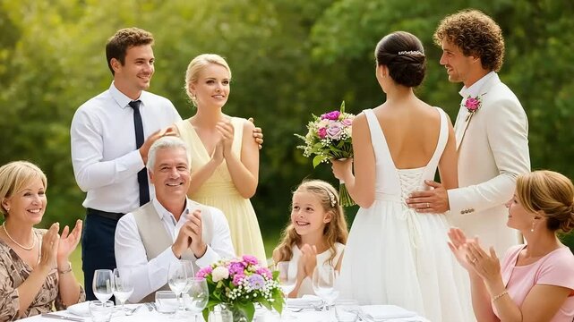 Vector art of a happy wedding celebration with the bride and groom surrounded by their loving family and friends outdoors