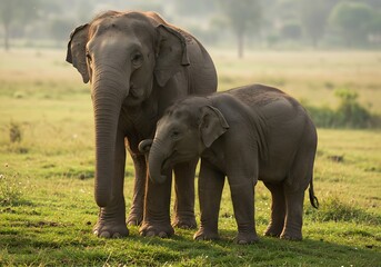 Fototapeta premium Two Asian Elephants in a Field at Sunrise. Generative Ai
