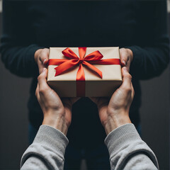 hands giving a gift box with red ribbon, holding birthday gift