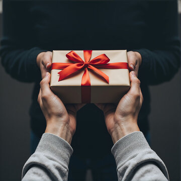 hands giving a gift box with red ribbon, holding birthday gift