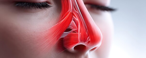 Swollen sinuses with tissues and look concept. Detailed anatomical illustration of facial muscles around the nose.