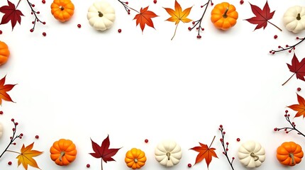 Autumn harvest border with pumpkins, gourds, leaves, and berries isolated on white background
