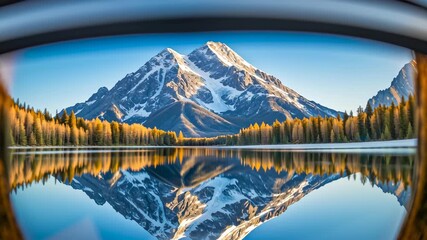 Stunning female kayaker in alpine region captures breathtaking mountain reflection in calm lake through ski goggles, showcasing natures beauty