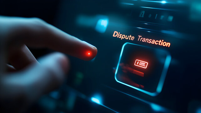 Finger pressing dispute transaction button on illuminated digital interface screen display panel