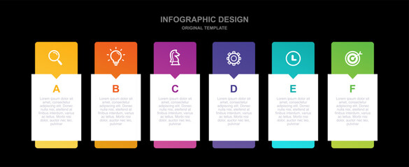 Flat design six stage process chart with vivid colors. Creative timeline infographic for company report, brochure, and presentation. Original template design.