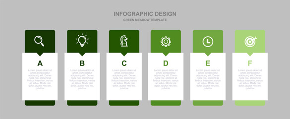 Gradient six stage process infographic template with icon set. Professional timeline chart for brochure, annual report, and presentation. Green Meadow theme.