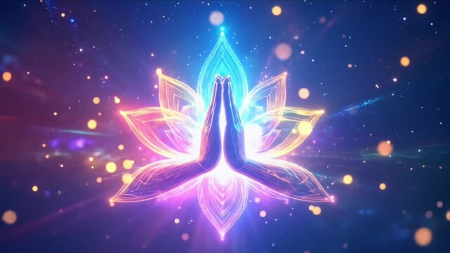 Glowing lotus flower prayer hands