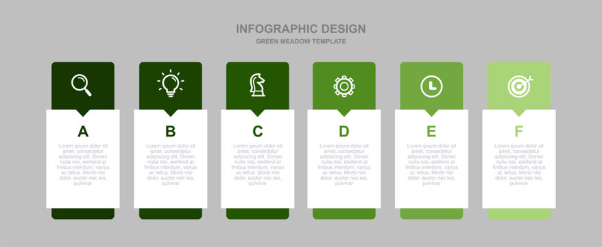 Gradient six stage process infographic template with icon set. Professional timeline chart for brochure, annual report, and presentation. Green Meadow theme. - Powered by Adobe