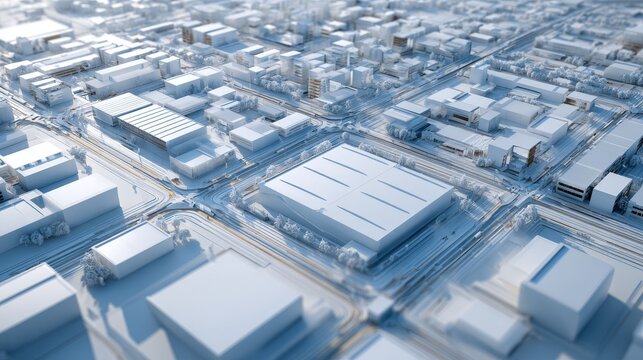 Aerial perspective showcasing modern urban industrial zones with geometric building arrangements and structured infrastructure layout.