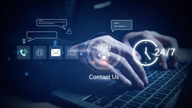Modern 24 hours 7 days customer service concept with chatbot, email, phone, and live chat icons, representing business communication and support.