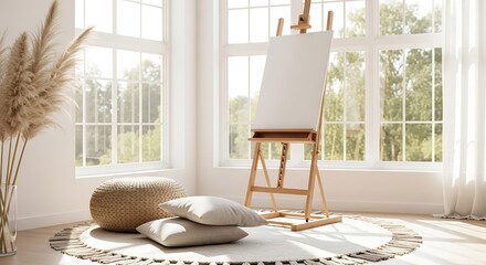 Bright and airy artist studio with easel and natural light